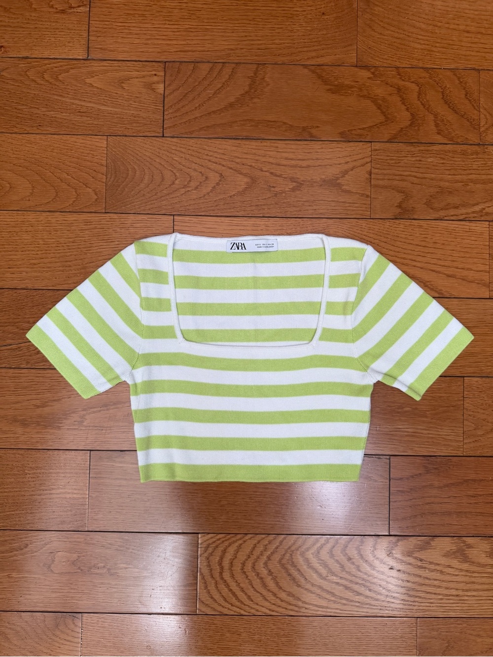 Zara Lime Green & White Striped Square-Neck Crop Top
